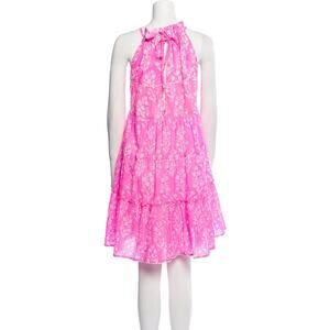 Juliet Dunn Pink Floral Sleeveless Halter Ruffle Tiered Swing Mini Sun Dress 2
